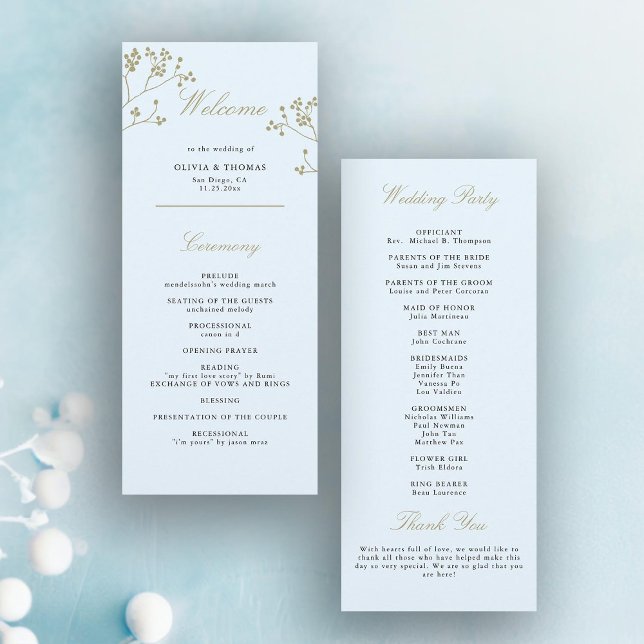 Programa Dia do Casamento Elegante Dourado Azul-verde-inver (winter greenery wedding program elegant modern classic ice blue gold berries minimalist traditional)