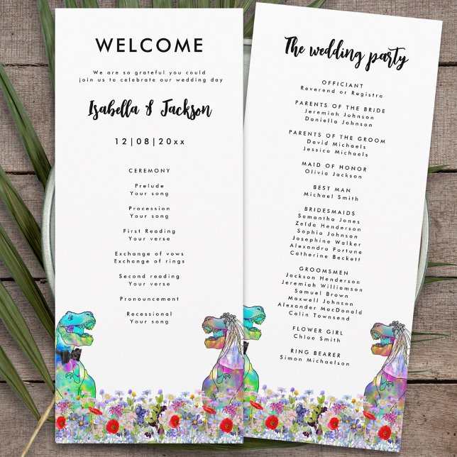 Programa do Dia do Casamento com Tema de Dinossaur (Dinosaur wedding colorful T-Rex bride and groom and wildflowers day of the wedding program )