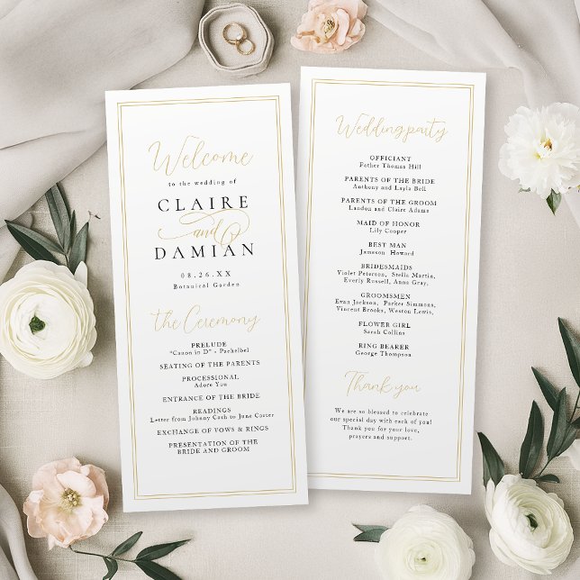 Programa Dourado casamento romântico elegante e simples pre (Gold Black simple elegance romantic script wedding Program)