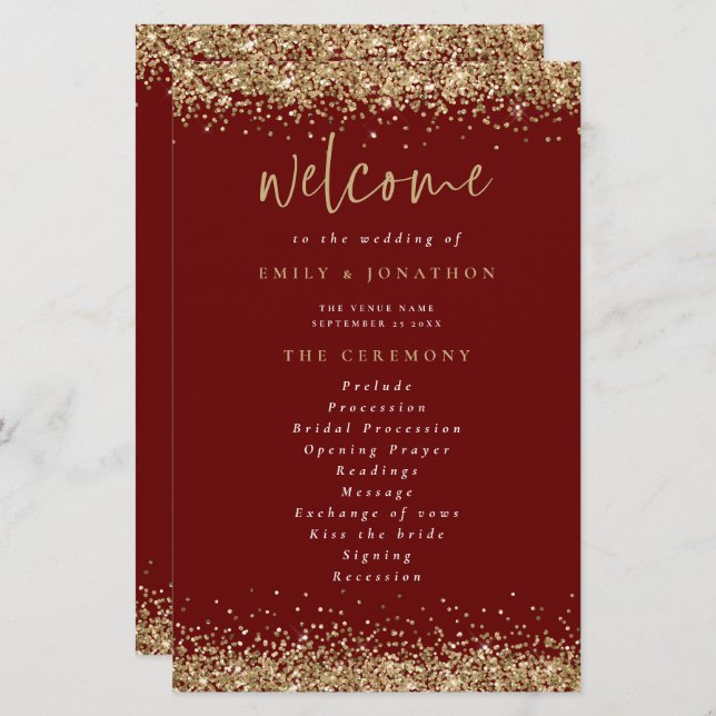 Programa Dourado de Casamento com Glitter Burgundy (Frente/Verso)