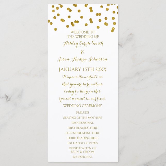 Programa Dourado de Casamento de Confetti (Frente)