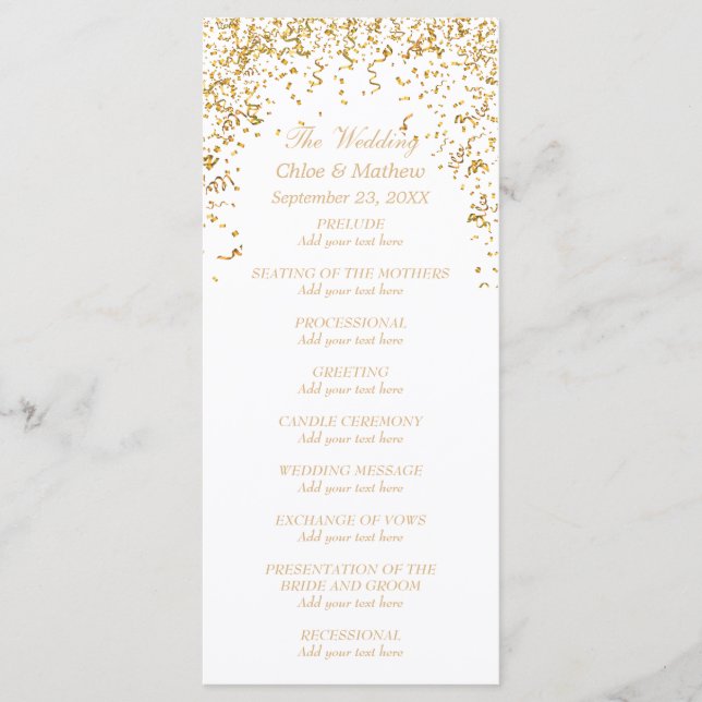 Programa Dourado de Casamento de Confetti da Faixa (Frente)