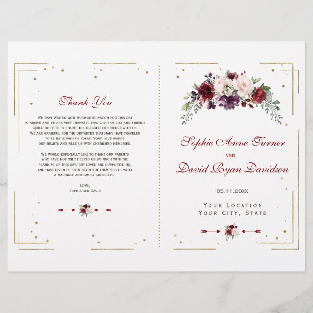 Programa Dourado de Casamento Floral de Burgundy (Frente)