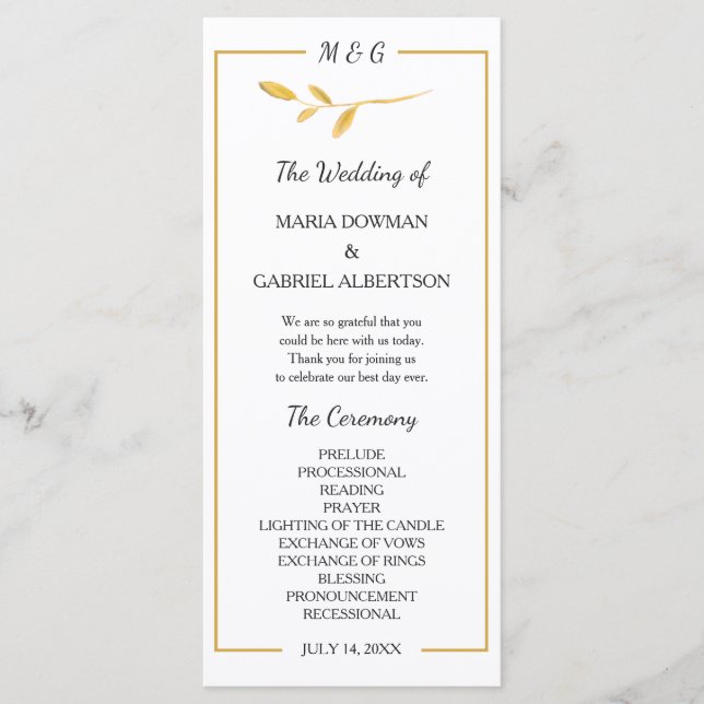 Programa Dourado galho elegante. Casamento com tipografia d (Frente)