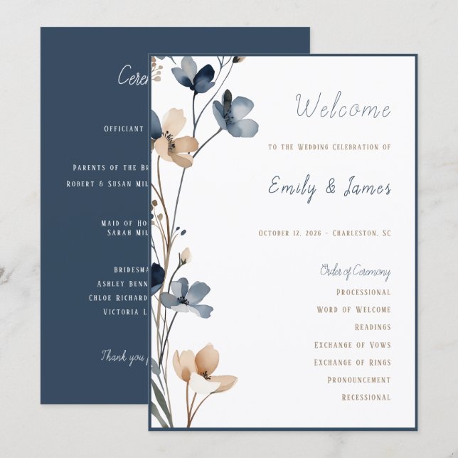 Programa Dusty Blue Beige Botanical Modern Elegant Wedding (Frente/Verso)