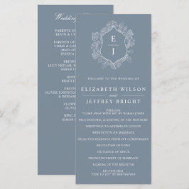 Programa Dusty Blue Floral Crest Monograma Casamento