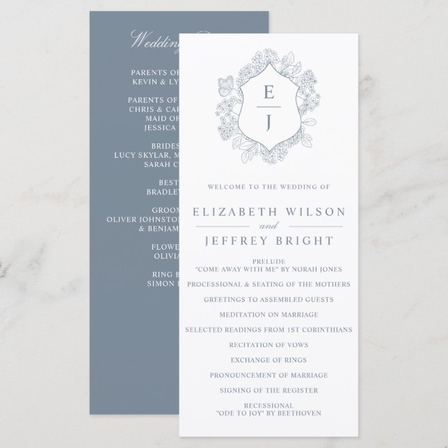 Programa Dusty Blue Floral Crest Monograma Casamento (Frente/Verso)