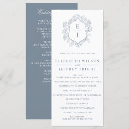 Programa Dusty Blue Floral Crest Monograma Casamento