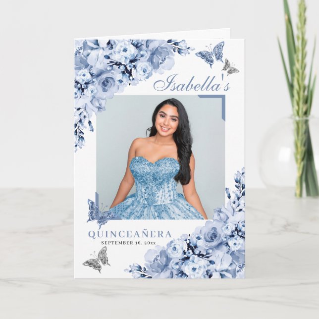 Programa Dusty Blue Floral Quinceanera Tiara Borboletas (Frente)
