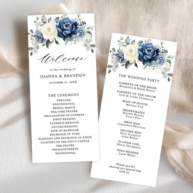 Programa Dusty Blue Marinho Champanhe Ivory Floral Casament (Dusty Blue Navy Champagne Ivory Floral Wedding Program card)