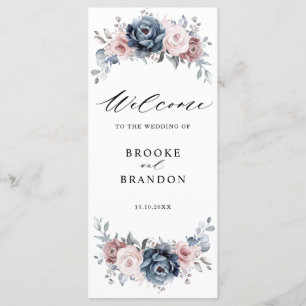 Programa Dusty Blue Mauve Rosa rosa Slate Floral Casamento