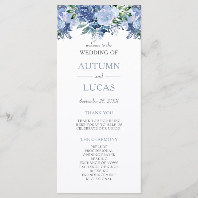 Programa Dusty Blue Watercolor Casamento Floral (Frente)