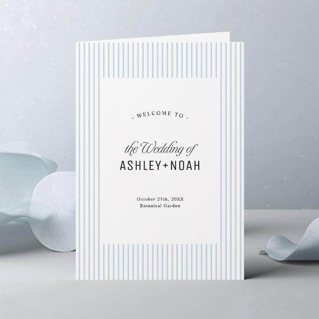 Programa Elegância Listrada Azul Empoeirada Casamento Cláss (Dusty Blue Striped Elegance Classy Wedding Program)