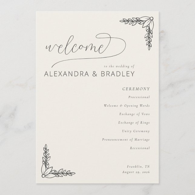 Programa Elegant Beige Botanical Wedding Ceremony Schedule (Frente)
