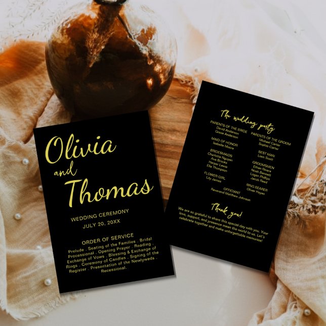 Programa Elegant Black and Gold Wedding Ceremony Program  (Criador carregado)