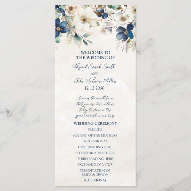 Programa Elegant Blue Floral Winter Wedding Program (Frente)