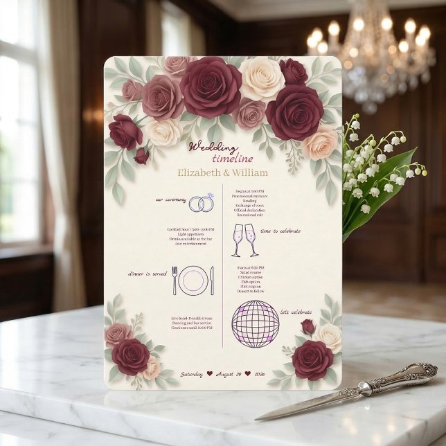 Programa Elegant Burgundy Wedding Timeline Program (Criador carregado)