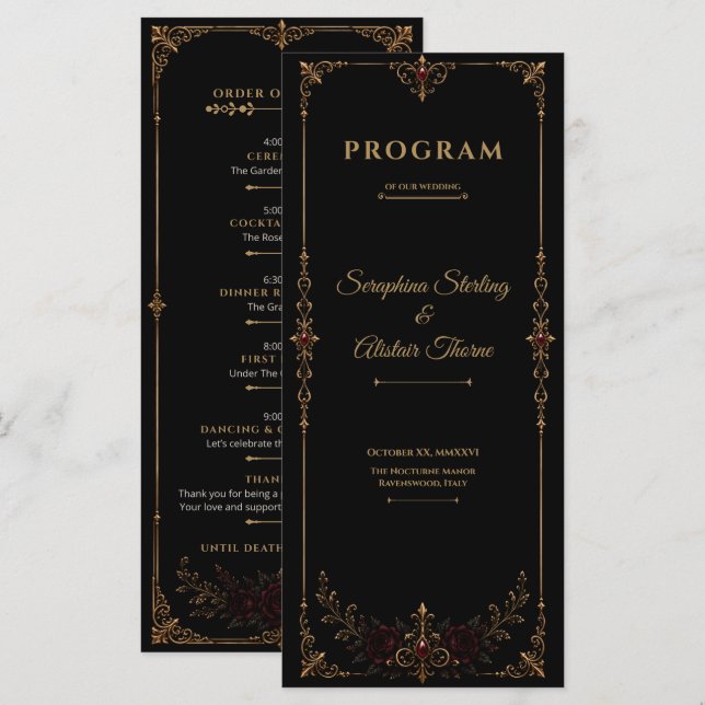 Programa Elegant Dark Gothic Wedding Program (Frente/Verso)
