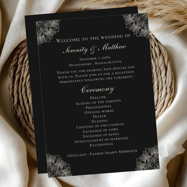 Programa Elegant Mandala Indian Black Boho Wedding Program (Criador carregado)