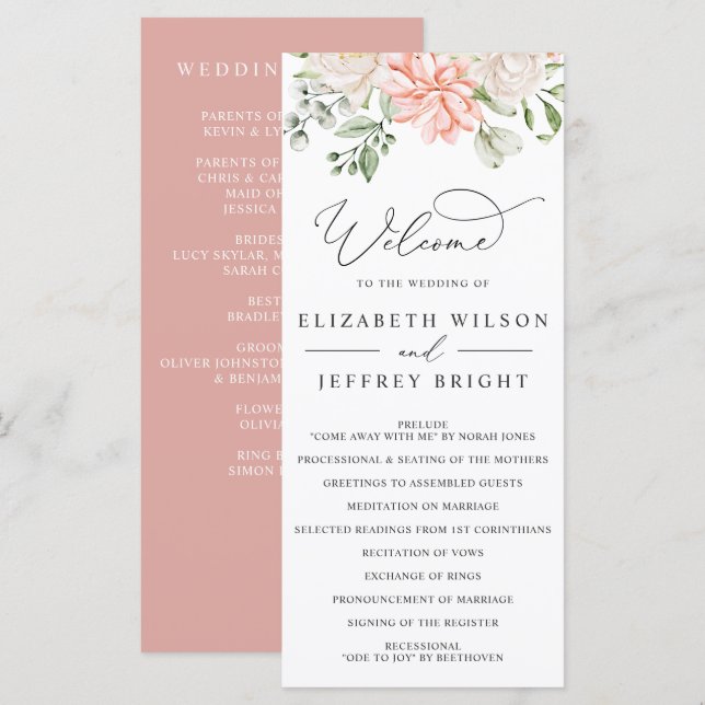 Programa Elegant Modern Botanical Blush Pink Floral Wedding (Frente/Verso)