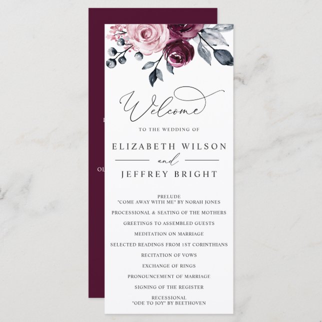 Programa Elegant Modern Botanical Burgundy Floral Wedding (Frente/Verso)