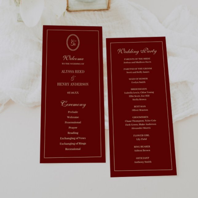 Programa Elegant Monogram Script Wine Red Wedding Ceremony (Criador carregado)