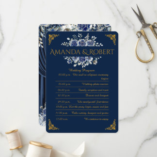 Programa Elegant Navy and Gold Floral Wedding Program Card