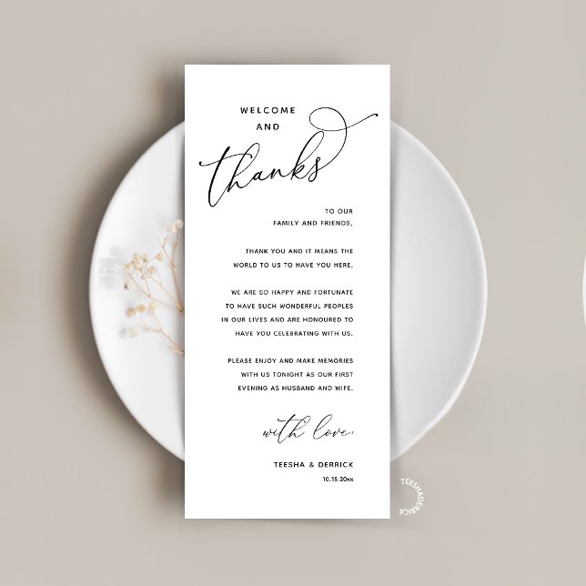 Programa Elegant Reception "Welcome and Thanks" Guest Card (Elegant Wedding Reception "Welcome and Thanks" Table Card for Guest in Black White)