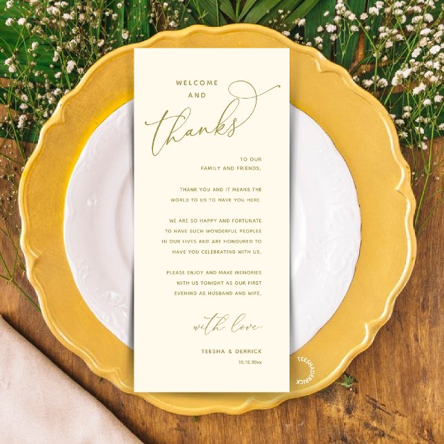 Programa Elegant Reception "Welcome and Thanks" Guest Card (Modern Elegant Wedding Reception "Welcome and Thanks" Table Card for Guest in Yellow Gold)