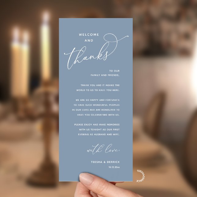 Programa Elegant Reception "Welcome and Thanks" Guest Card (Modern Elegant Wedding Reception "Welcome and Thanks" Table Card for Guest in Dusty Blue)