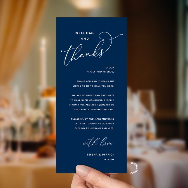 Programa Elegant Reception "Welcome and Thanks" Guest Card (Modern Elegant Wedding Reception "Welcome and Thanks" Table Card for Guest in Navy Blue)