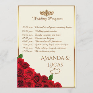 Programa Elegant Red Roses and Gold Frame Cream Wedding