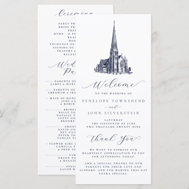 Programa Elegant Vintage Church Illustration Wedding (Frente/Verso)
