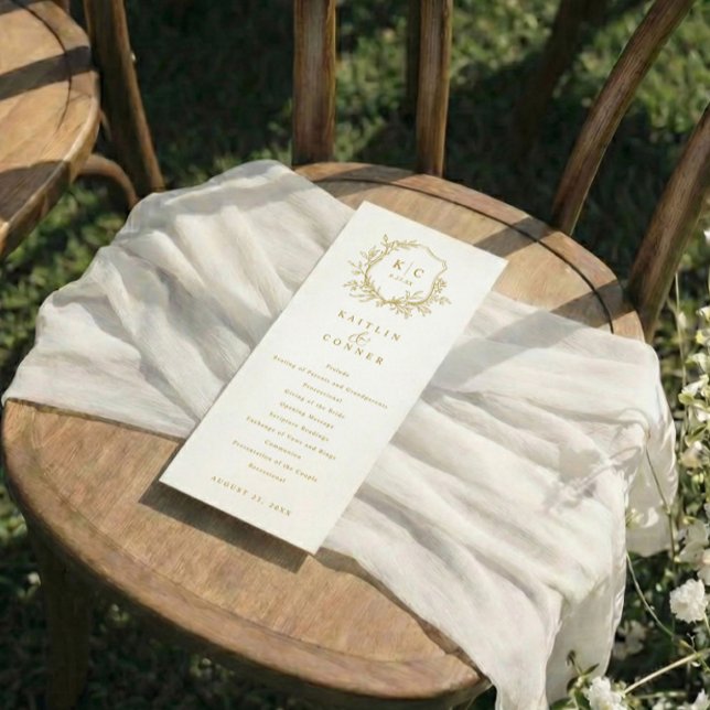Programa Elegant Vintage Crest Gold Classic Wedding (Printed wedding programs with elegant gold crest and botanicals - greenery)