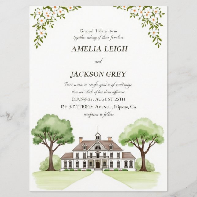 Programa Elegant Watercolor Estate Flat Wedding Program com (Frente)