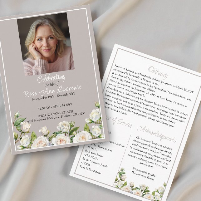 Programa Elegant White Roses Taupe Funeral Folded (Criador carregado)