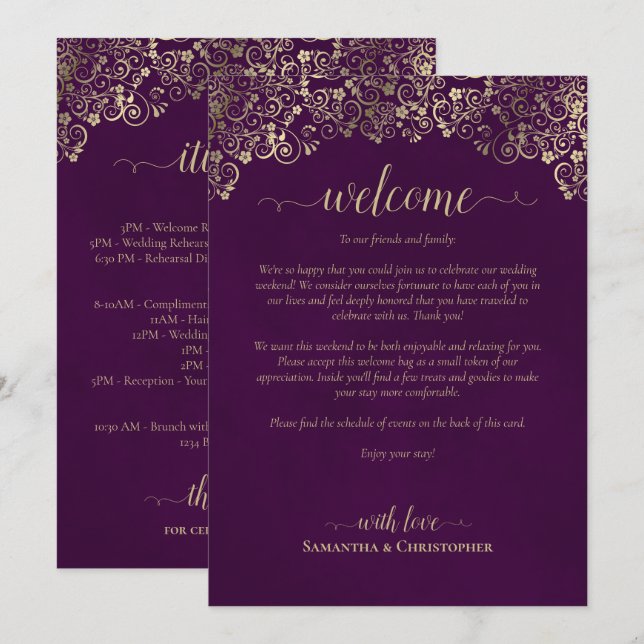 Programa Elegante Ameixa e Ouro Bem-vindo ao Casamento e It (Frente/Verso)