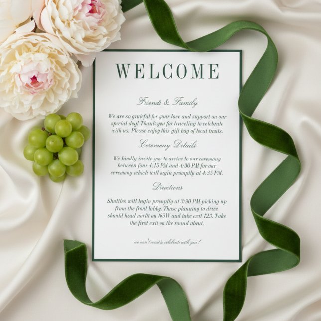 Programa Elegante Boas-Vindas de Casamento Minimalista Verd (Elegant Dark Green Minimalist Wedding Welcome Program)