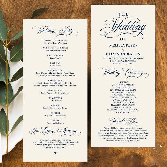 Programa Elegante Casamento Azul Marinho Marfim Script (Elegant Classy Navy Blue Ivory Script Wedding Program Card)