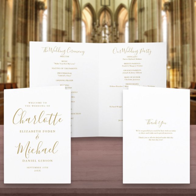 Programa Elegante Casamento com Assinatura em Script Dourad (Elegant Gold Signature Script Wedding Program)
