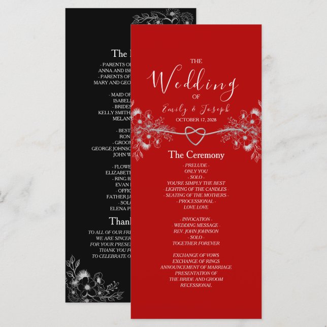 Programa Elegante Casamento Floral Preto Vermelho (Frente/Verso)