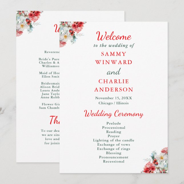 Programa Elegante Casamento no inverno Floral Greenery (Frente/Verso)