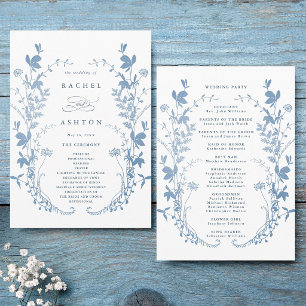 Programa Elegante Cerimônia de Casamento Botânico Azul Fran