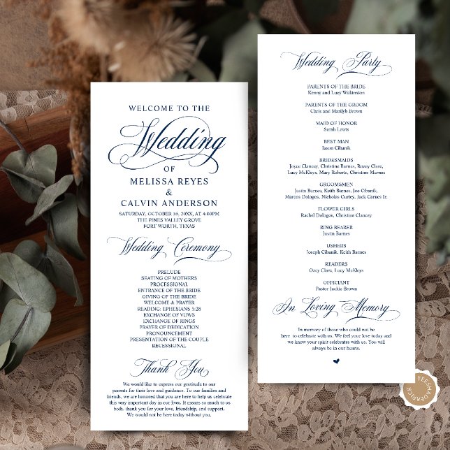 Programa Elegante Cerimônia de Casamento Clássico em Azul M (Elegant Classic Navy Blue Script Wedding Ceremony Program Card)