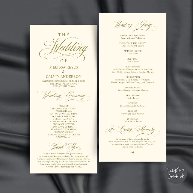 Programa Elegante Cerimônia de Casamento com Letra Gold e C (Elegant Gold and Cream Script Wedding Ceremony Order Program Card)