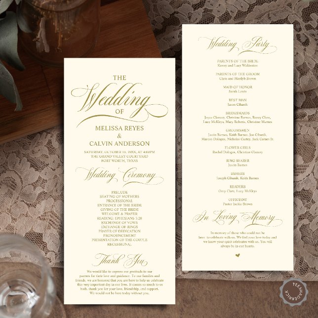 Programa Elegante Cerimônia de Casamento com Letra Script e (Elegant Cream and Grey Script Wedding Ceremony Order Program Card in Cream and Gold)