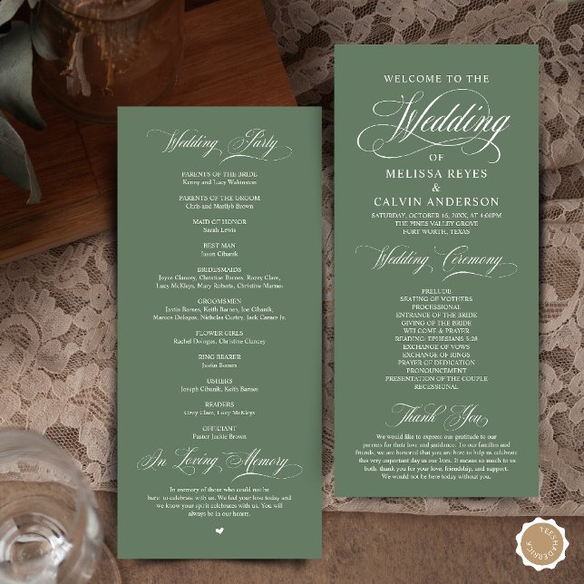 Programa Elegante Cerimônia de Casamento com Letra Script V (Elegant Classic Sage Green Script Wedding Ceremony Program Card)