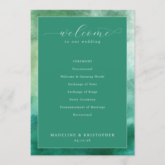 Programa Elegante Cerimônia de Casamento em Aquarela Verde (Frente)
