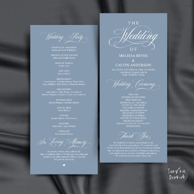 Programa Elegante Cerimônia de Casamento em Azul Poeirento  (Elegant Dusty Blue Script Wedding Ceremony Order Program Card)