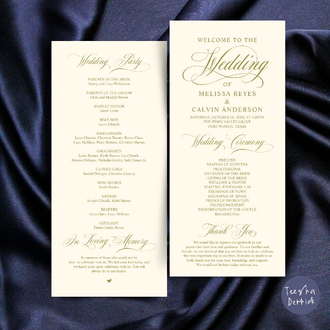 Programa Elegante Cerimônia de Casamento em Creme Amarelo D (Elegant Classic Yellow Gold Script Wedding Ceremony Program Card)